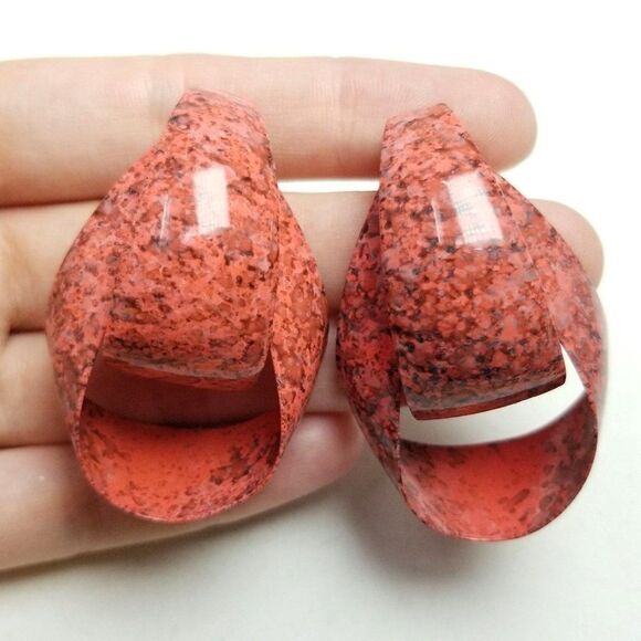 Vintage Pink Marbeled Door Knocker Loop Stud Earrings, Retro 80s Style Estate - Picture 1 of 6